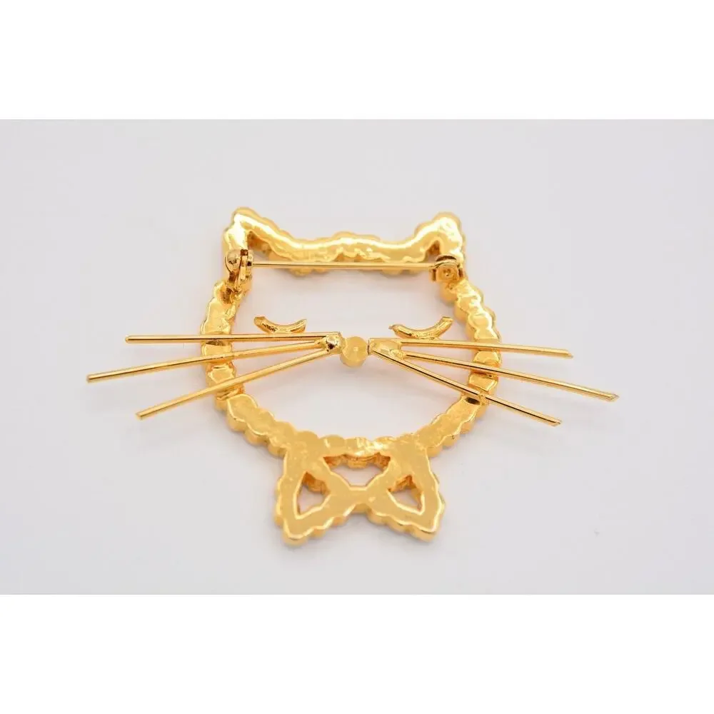 Vintage Cat Pin Brooch Sparkling Rhinestone Crystal Gold Tone Heavy 1990s BinAT